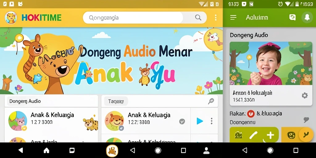 Antarmuka HOKITIME yang ramah anak saat memilih dongeng audio.